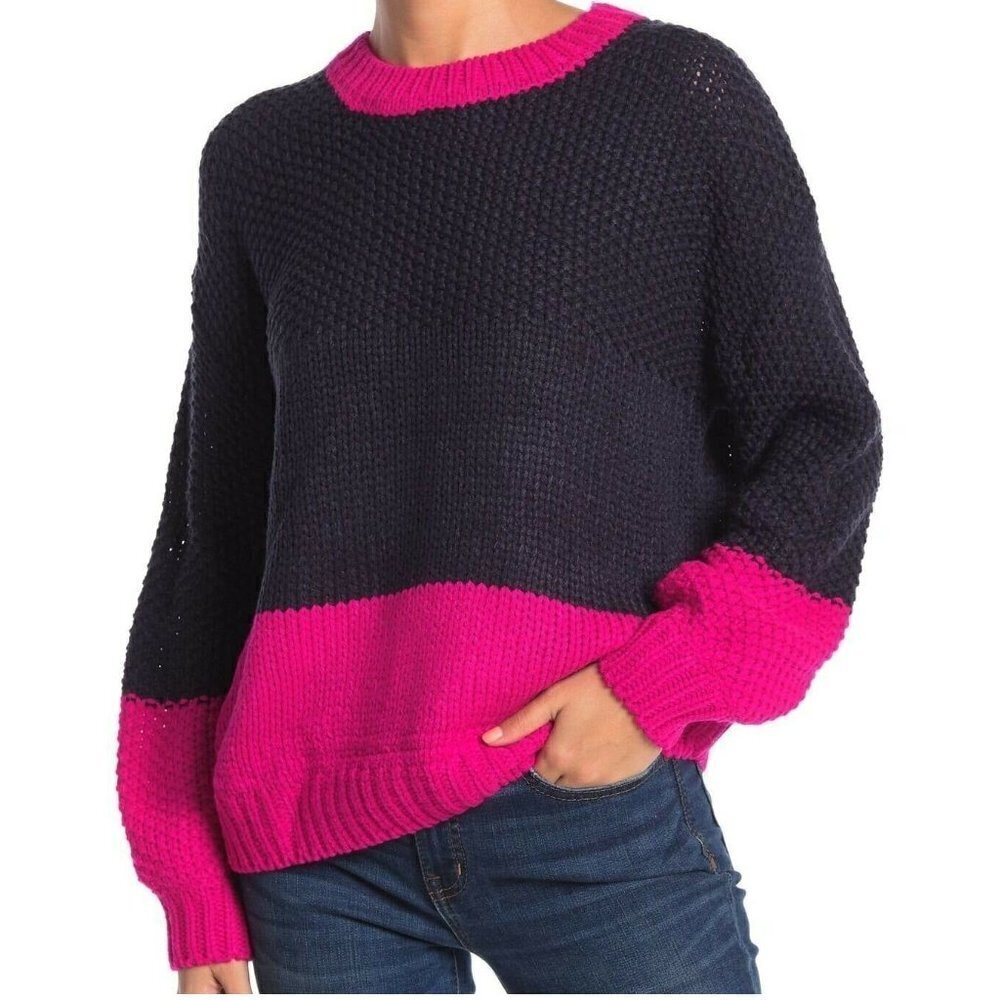 NWT Elodie Chunky Knit Colorblock Crew-Neck Pullover Sweater Blue/Pink Womens XS
